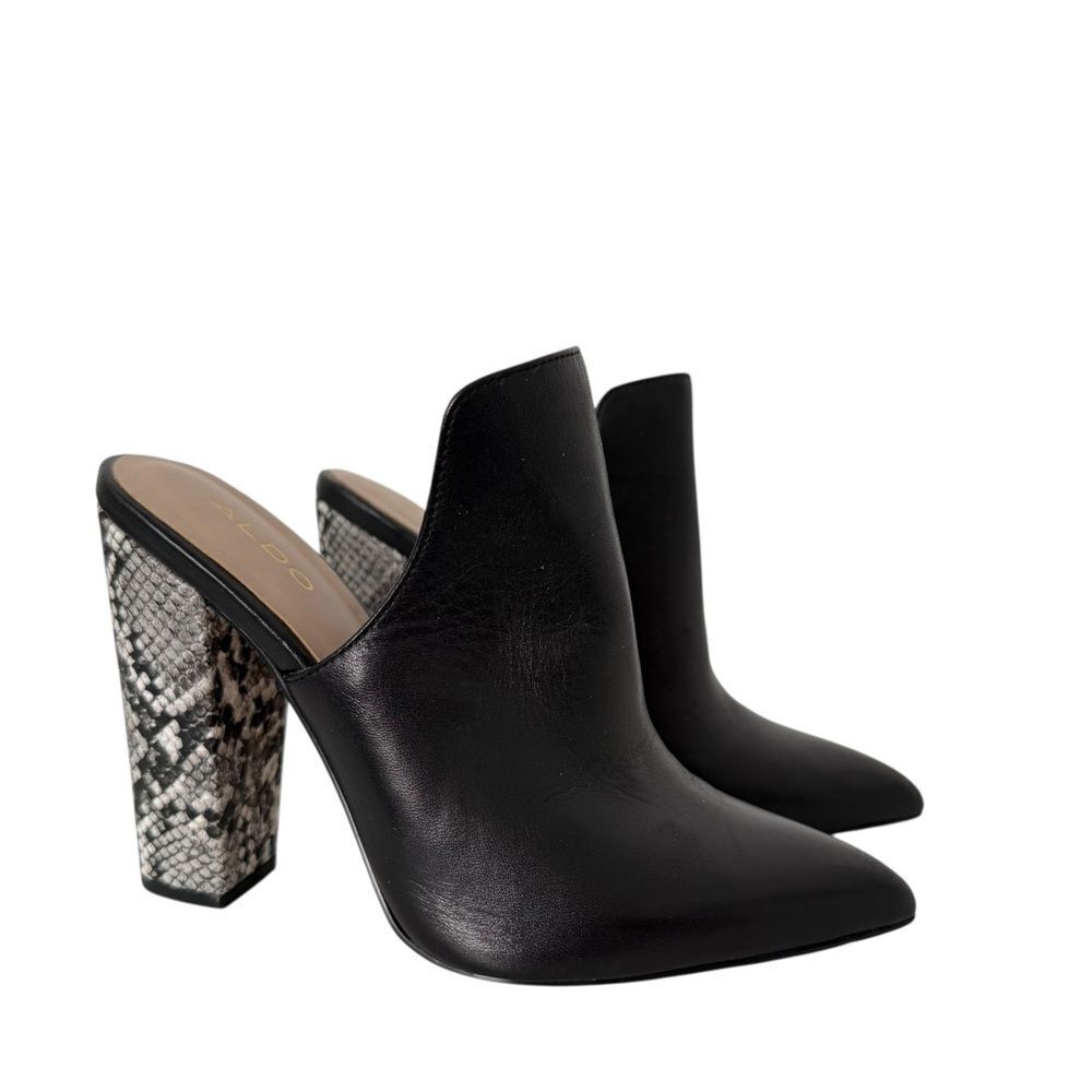Aldo Etalisien Black Snakeskin Leather Slip on Block Mule Booties